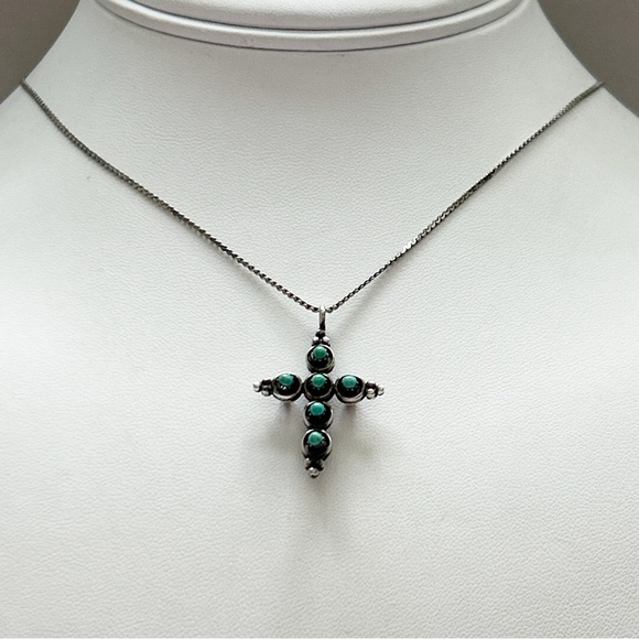 Vintage Reversible Turquoise Coral Snake Eye Cross Sterling Silver Necklace - Picture 4 of 10